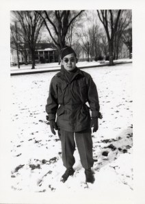 Uncle Paul at Ft. Snelling's top secret Military Intelligence Service Language School, circa Winter 1945.  The old barracks is seen in the background.