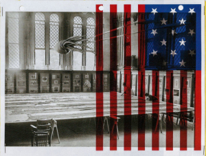 A collage of 2 women, 1914, at the Smithsonian working to restore the Star-Spangled Banner in a room with a model of a giant squid; by Terry Winters.